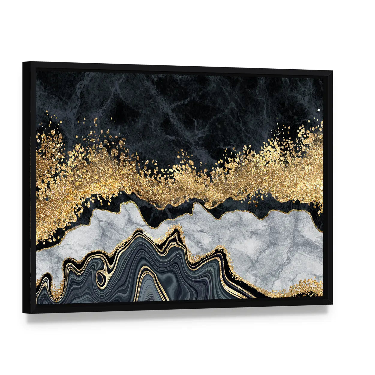 Gold-accented Black and White Marble Abstract Canvas Wall Art, framed canvas in a black floater frame, angled product view
