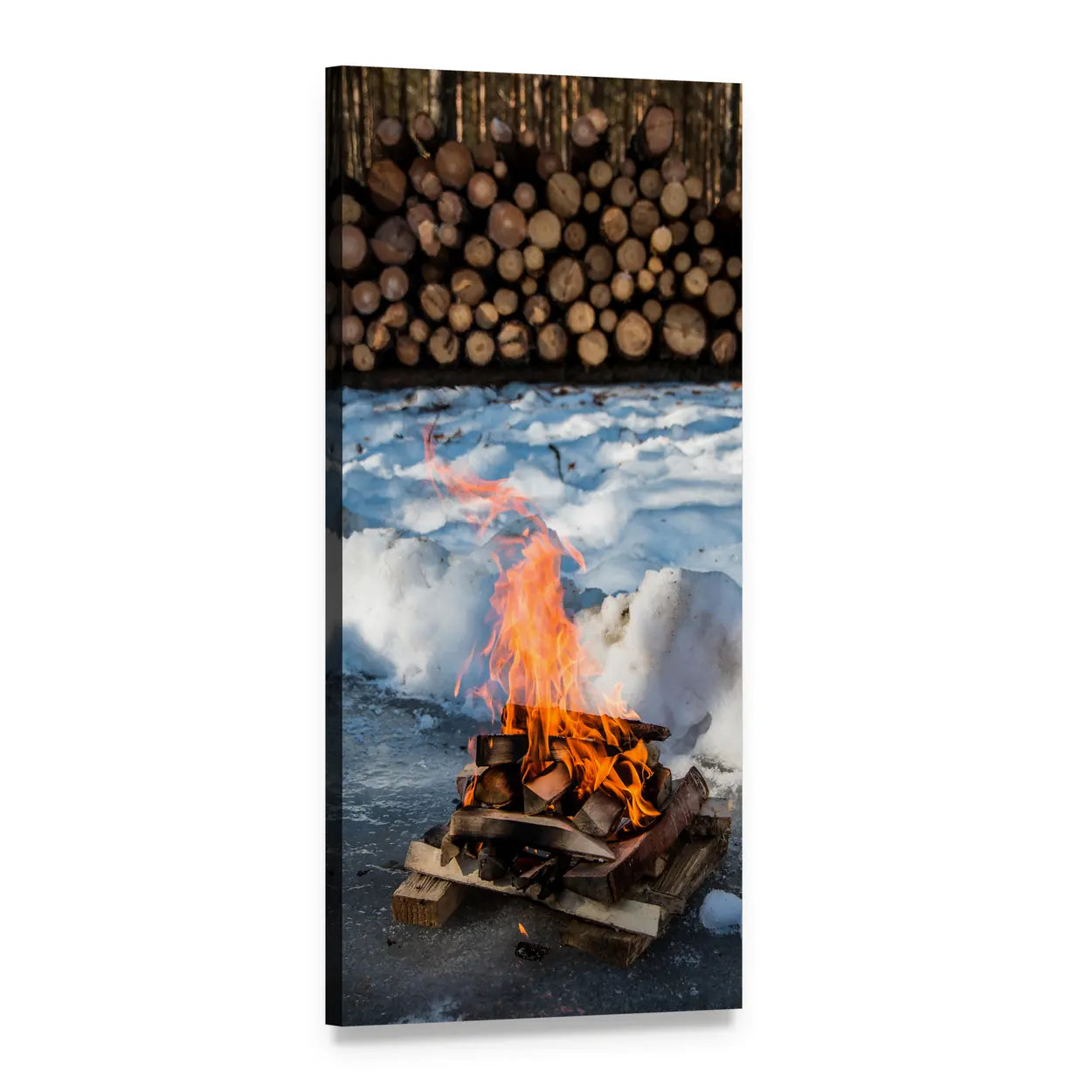 Campfire on Pallet in Winter Vertical Canvas Wall Art, 1 panel 1 Vertical layout gallery wrapped canvas set, angled product view