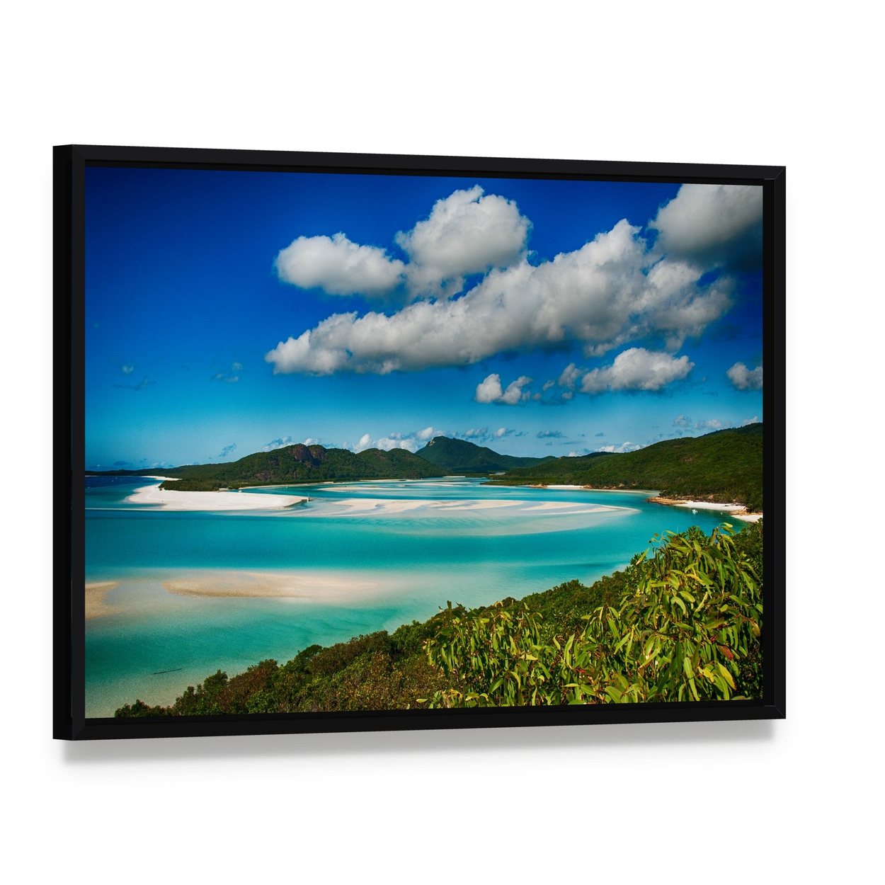 Whitehaven Beach Lagoon Canvas Wall Art, framed canvas in a black floater frame, angled product view