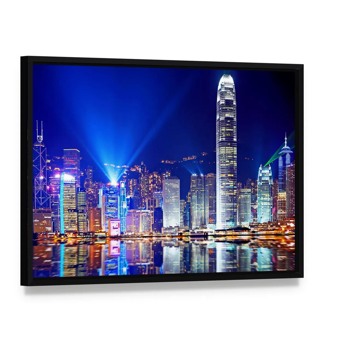 Hong Kong Island Skyline at Night Canvas Wall Art, framed canvas in a black floater frame, angled product view
