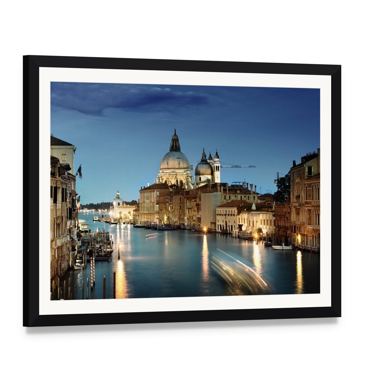Basilica Di Santa Maria in Venice Canvas Wall Art, framed print with white mat and black frame, angled product view