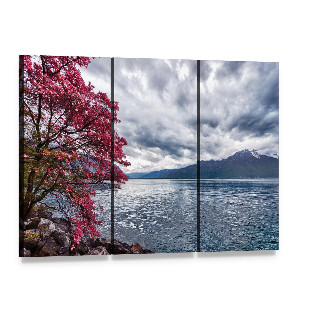 Pink Blossom Tree on Rocky Lake Shore Canvas Wall Art, 3 panel 3 Horizontal layout gallery wrapped canvas set, angled product view