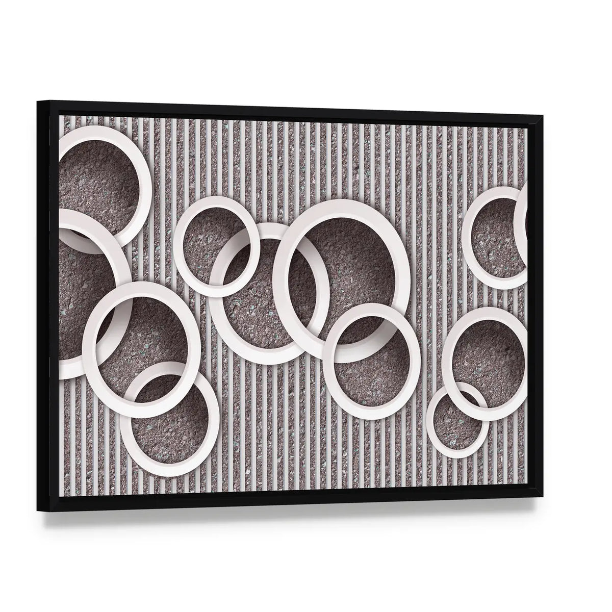 3d Interlocking Circles Illustration Canvas Wall Art, framed canvas in a black floater frame, angled product view
