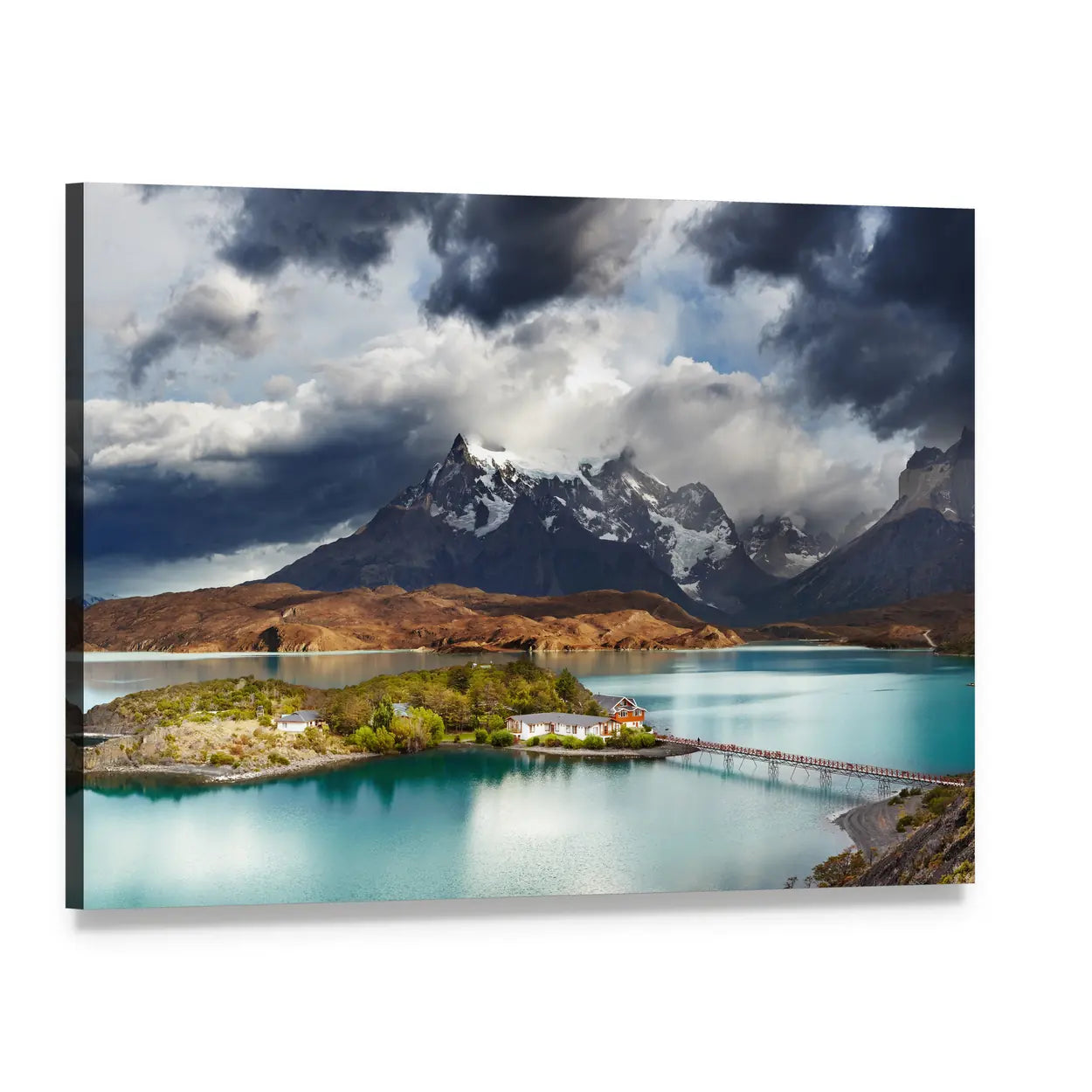 Turquoise Lake with Island and Snow-capped Peaks Canvas Wall Art, single panel gallery wrapped canvas, angled product view