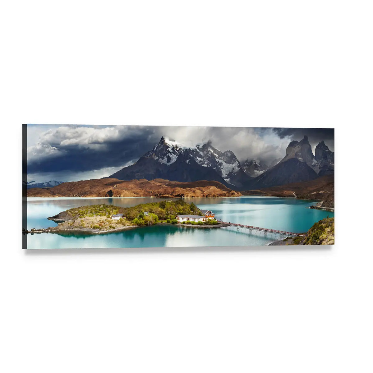 Lake Pehoe with Island and Wooden Bridge Panoramic Canvas Wall Art, single panel gallery wrapped canvas, angled product view