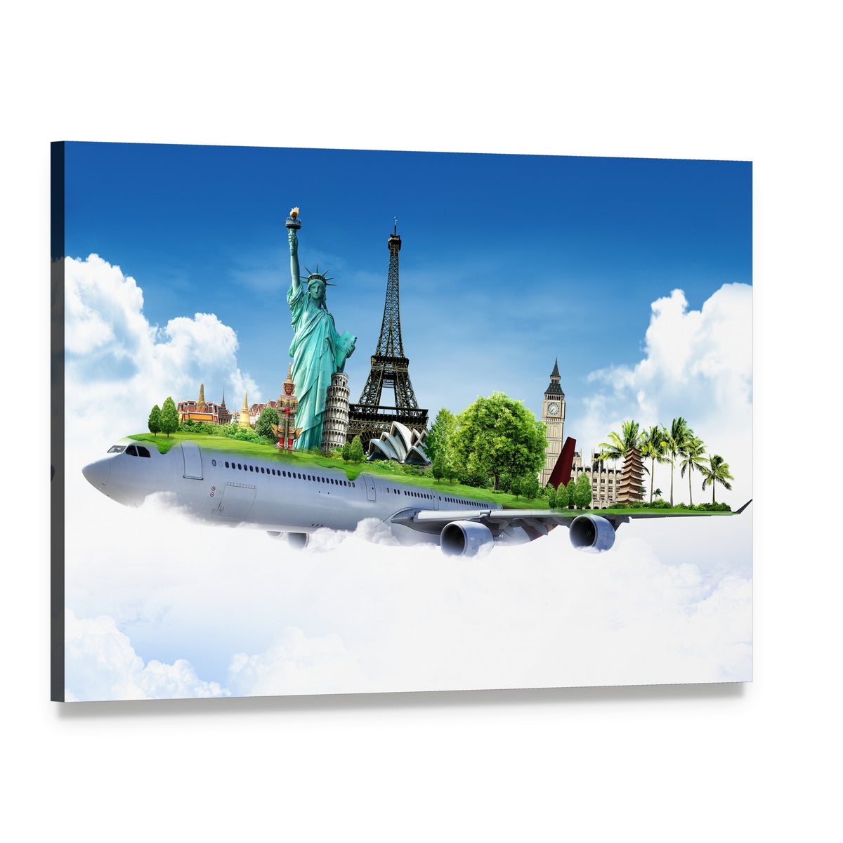 Airplane with Famous Landmarks Canvas Wall Art, single panel gallery wrapped canvas, angled product view