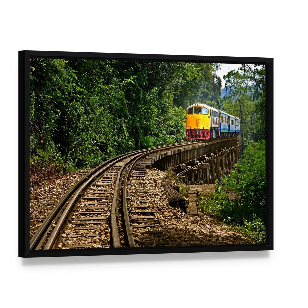 Rail Travel in Kanchanaburi Province Thailand Canvas Wall Art, framed canvas in a black floater frame, angled product view