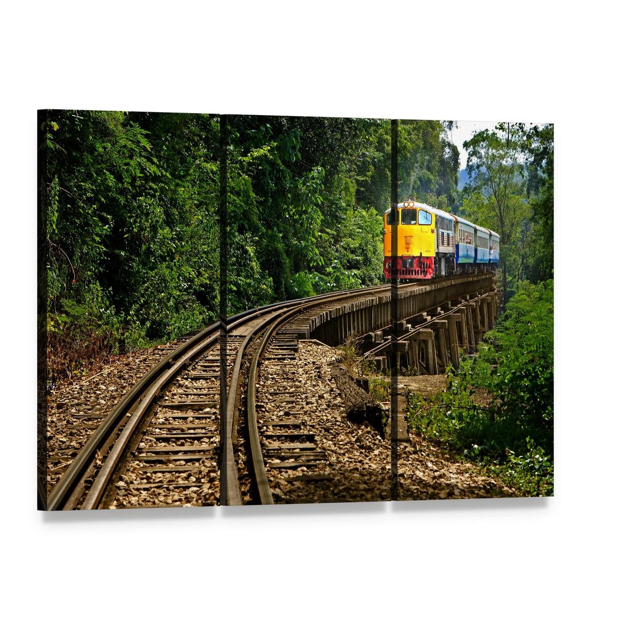 Rail Travel in Kanchanaburi Province Thailand Canvas Wall Art, 3 panel 3 Horizontal layout gallery wrapped canvas set, angled product view