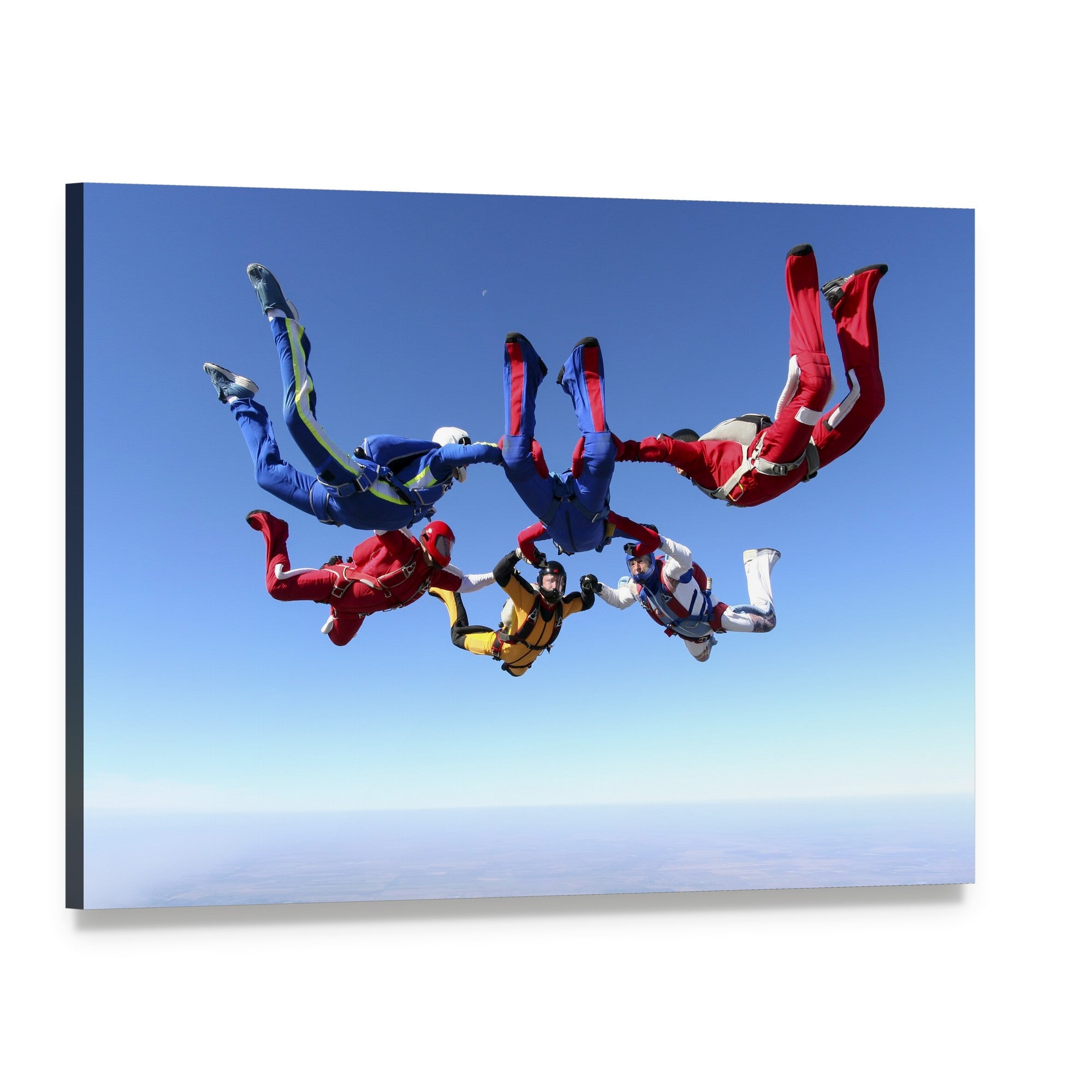 Skydivers Forming a Colorful Formation Canvas Wall Art, single panel gallery wrapped canvas, angled product view