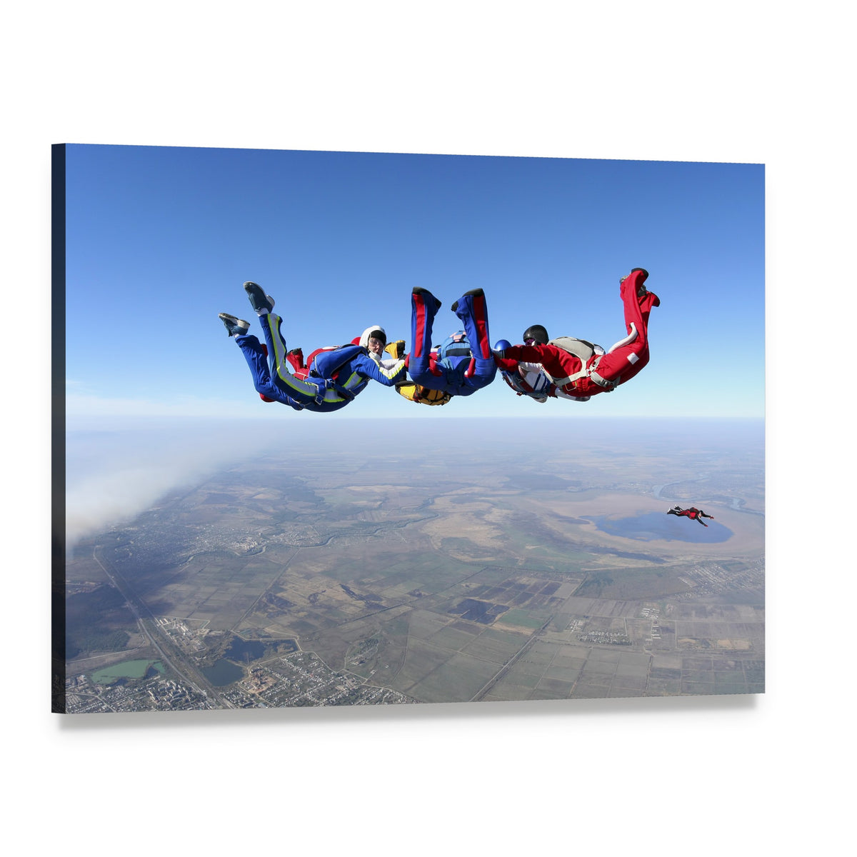 Skydivers in Formation Over Landscape Canvas Wall Art, single panel gallery wrapped canvas, angled product view