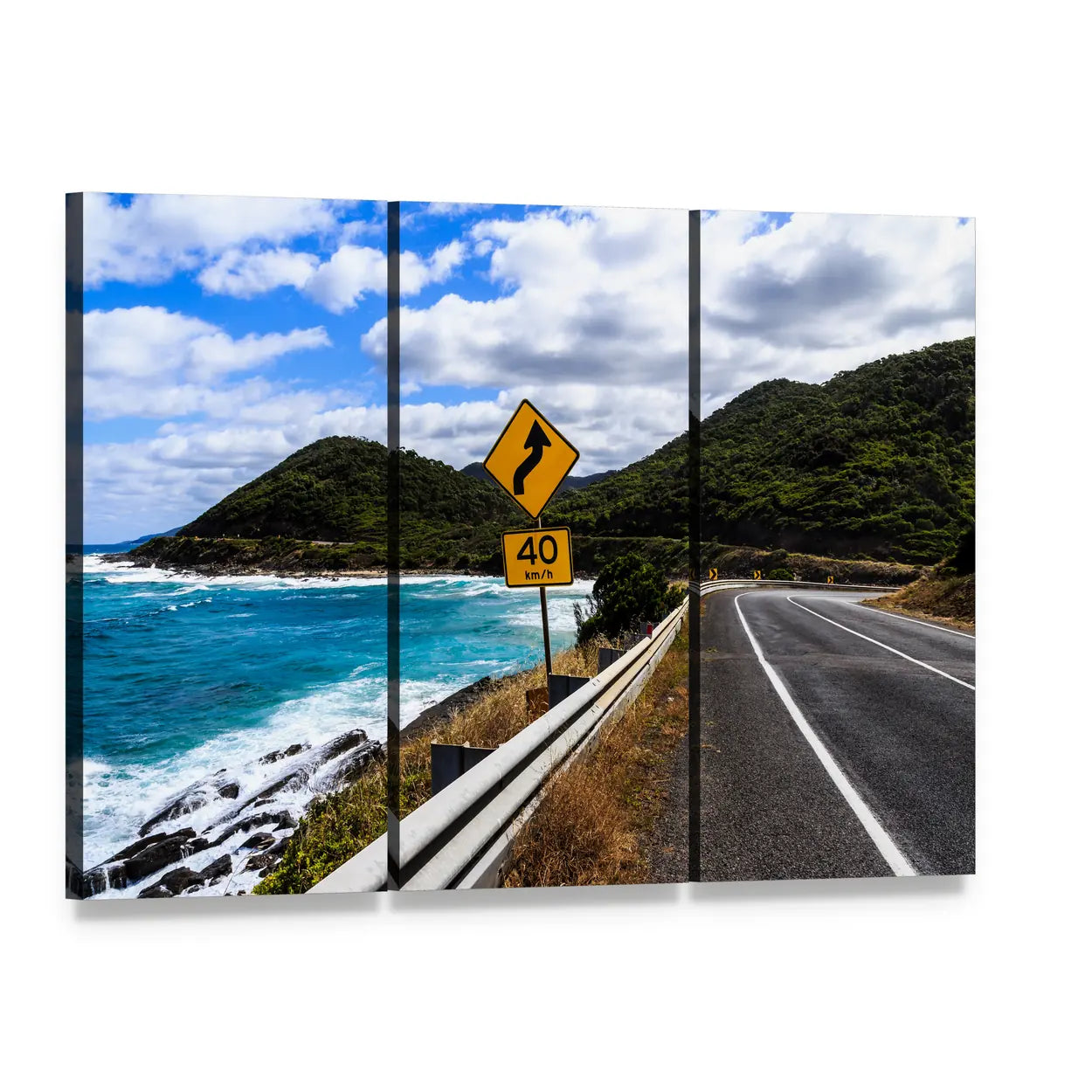 Great Ocean Road Australia Canvas Wall Art, 3 panel 3 Horizontal layout gallery wrapped canvas set, angled product view