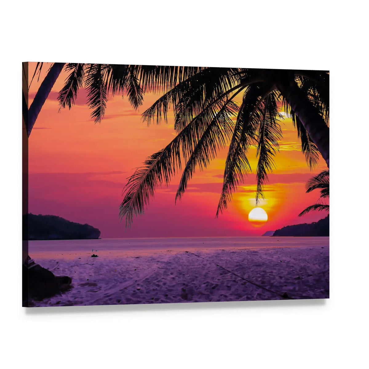 Coconut Tree at Sunset Beach Canvas Wall Art, single panel gallery wrapped canvas, angled product view