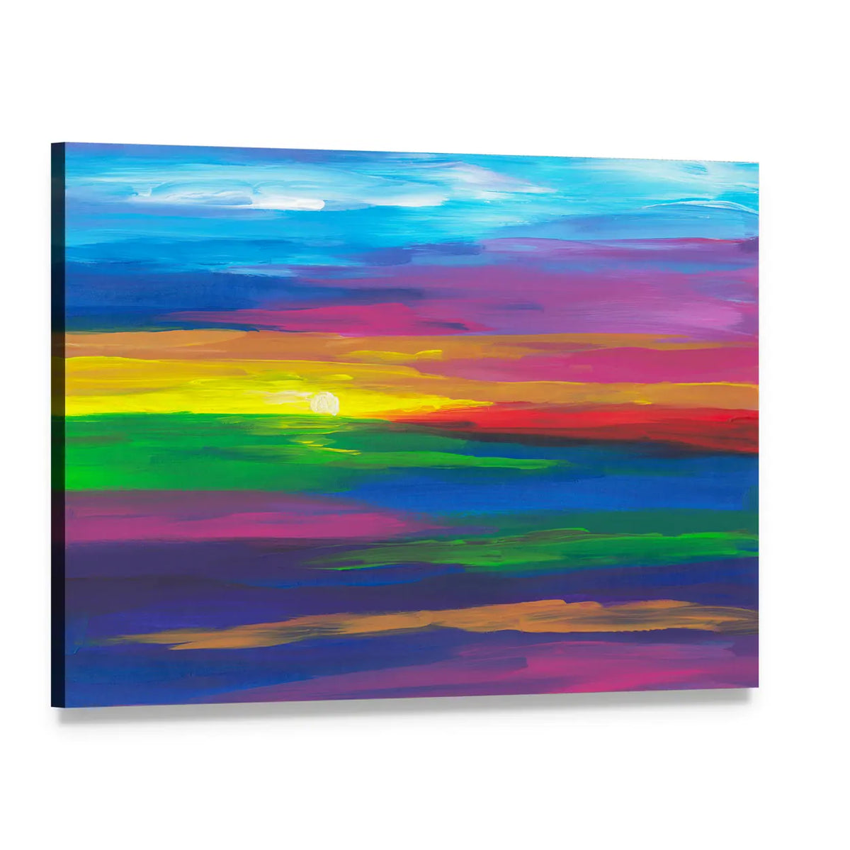 Abstract Sunset Landscape with Impasto Sun Canvas Wall Art, single panel gallery wrapped canvas, angled product view