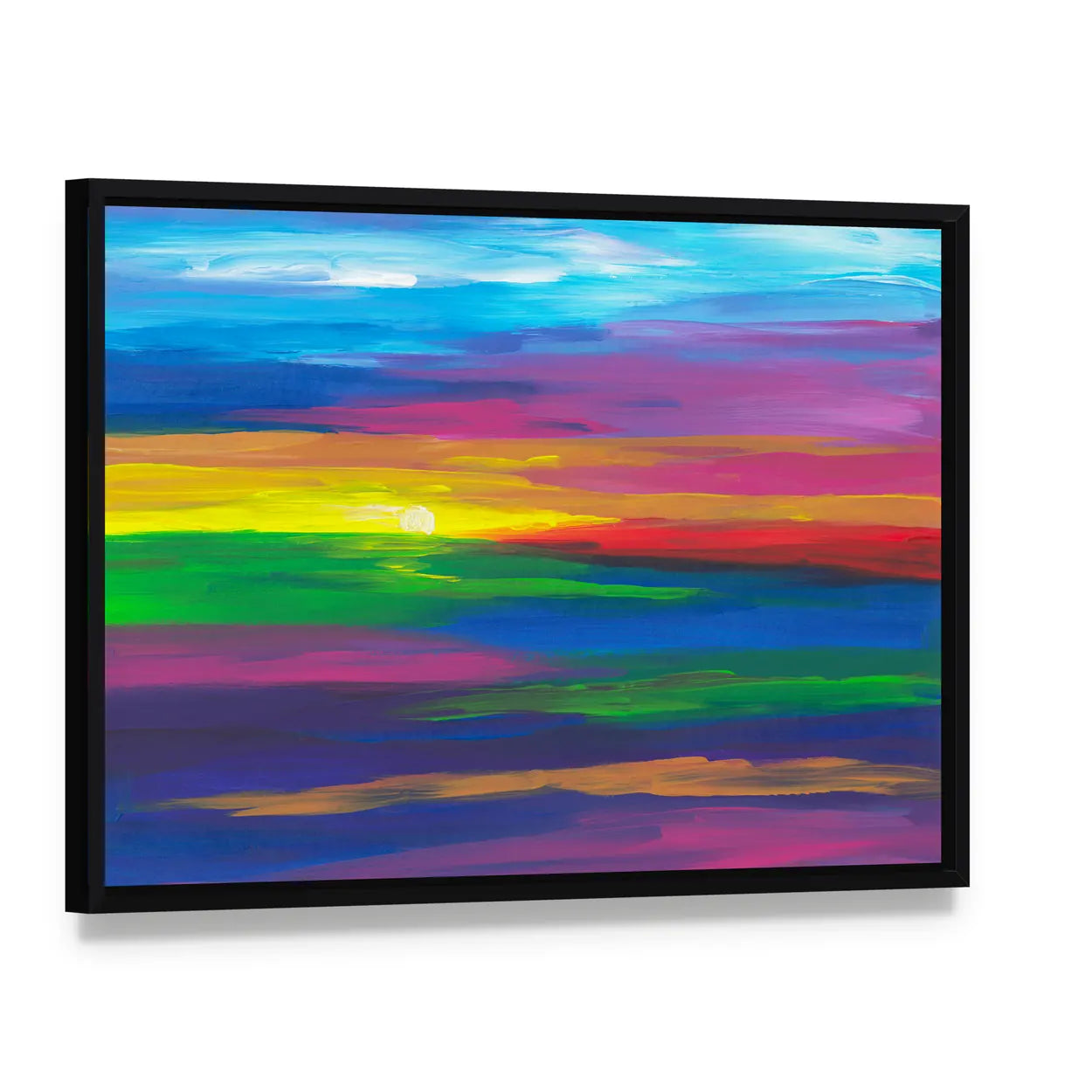 Abstract Sunset Landscape with Impasto Sun Canvas Wall Art, framed canvas in a black floater frame, angled product view