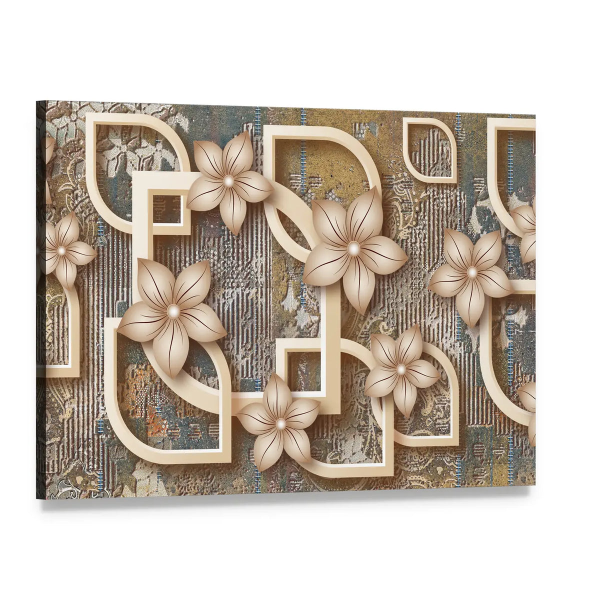 Gold Five-petal Floral Geometric Canvas Wall Art, single panel gallery wrapped canvas, angled product view