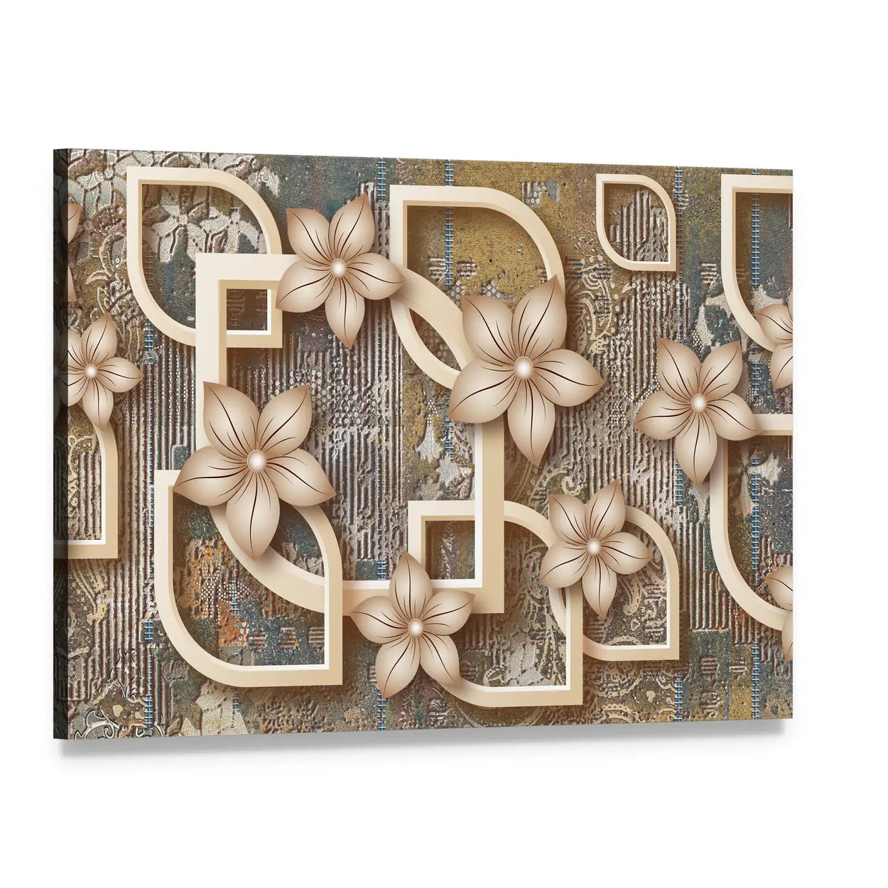 Gold Five-petal Floral Geometric Canvas Wall Art, single panel gallery wrapped canvas, angled product view