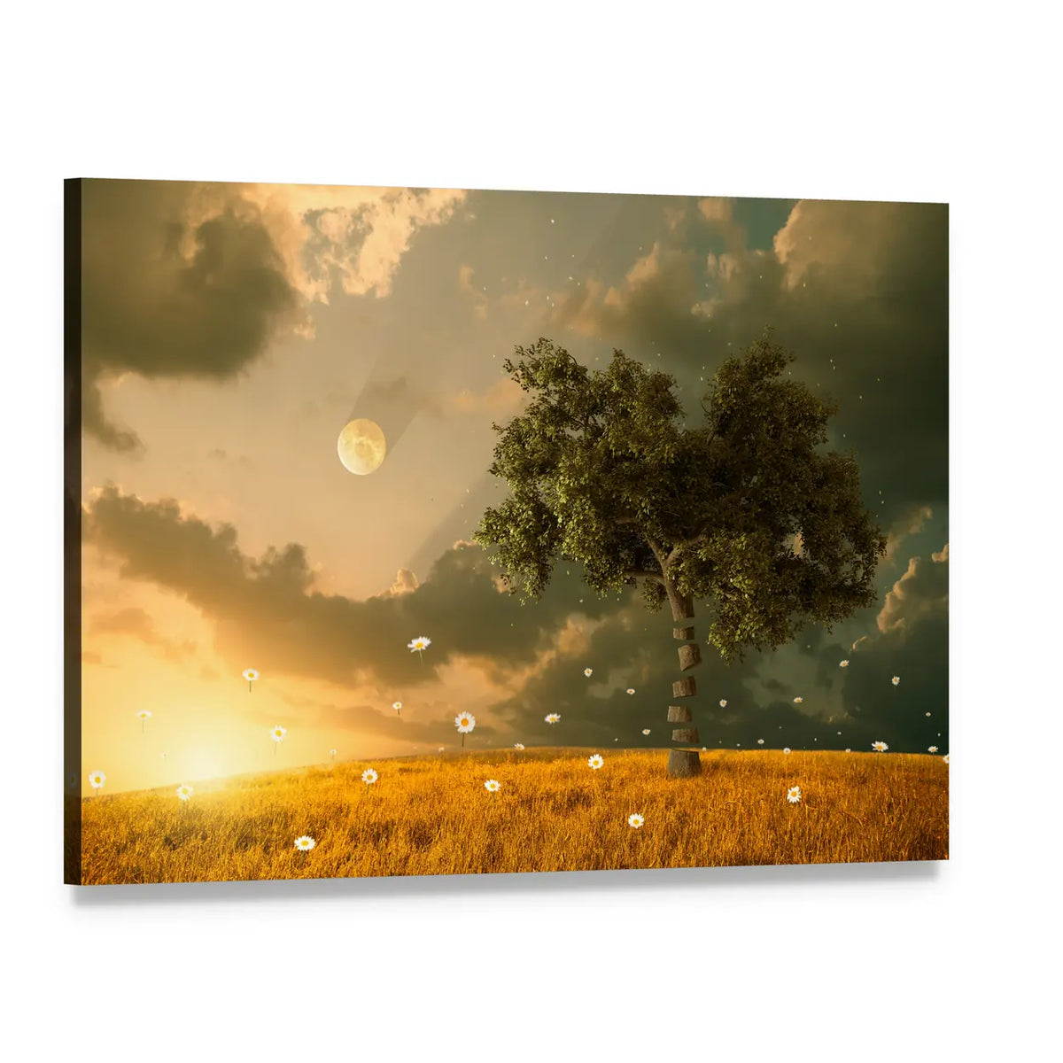 Floating Flowers and Moonlit Tree Canvas Wall Art, single panel gallery wrapped canvas, angled product view