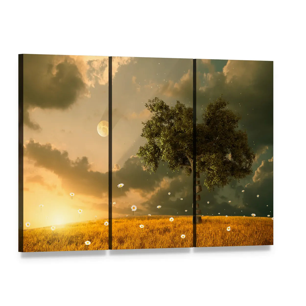 Floating Flowers and Moonlit Tree Canvas Wall Art, 3 panel 3 Horizontal layout gallery wrapped canvas set, angled product view