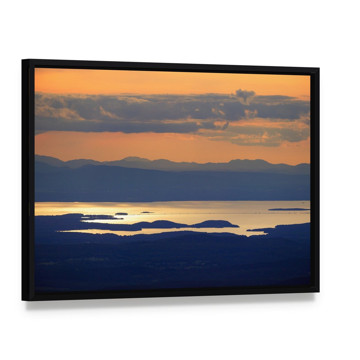 Lake Champlain Sunset Canvas Wall Art, framed canvas in a black floater frame, angled product view