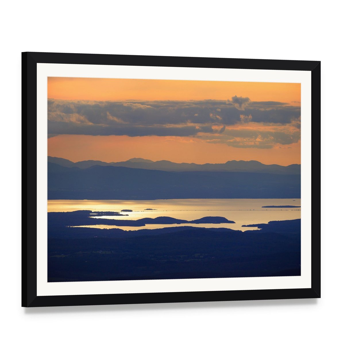 Lake Champlain Sunset Canvas Wall Art, framed print with white mat and black frame, angled product view
