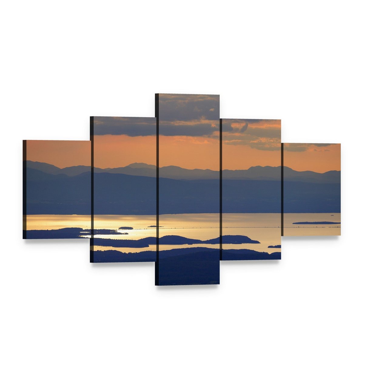 Lake Champlain Sunset Canvas Wall Art, 5 panel 5 Star layout gallery wrapped canvas set, angled product view