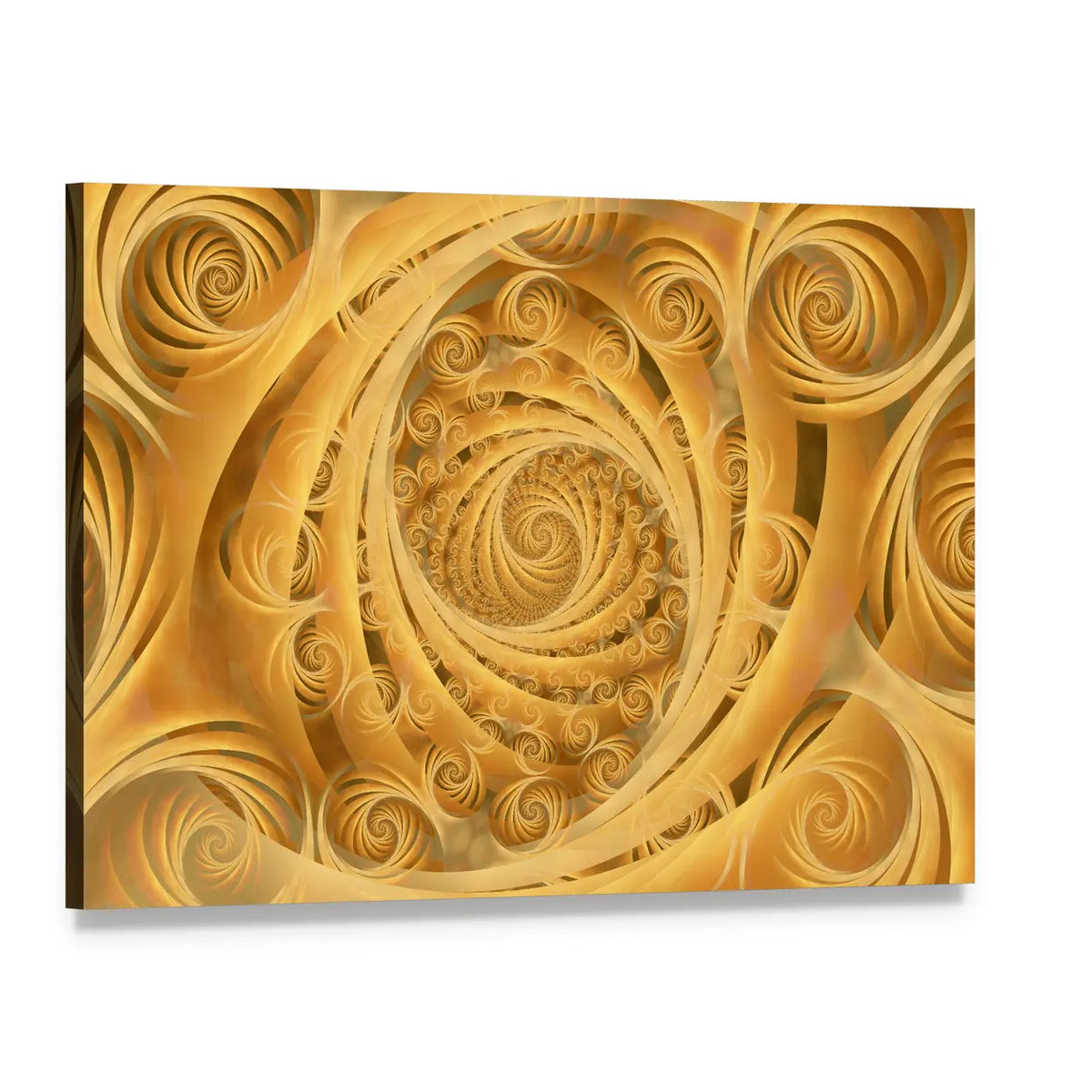 Wispy Gold Spiral Pattern Canvas Wall Art, single panel gallery wrapped canvas, angled product view