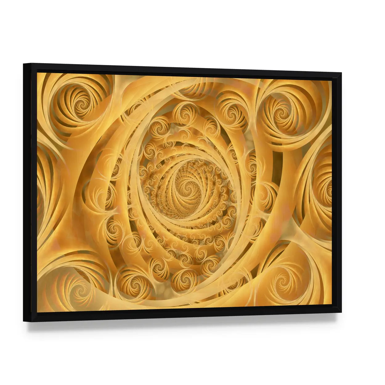 Wispy Gold Spiral Pattern Canvas Wall Art, framed canvas in a black floater frame, angled product view