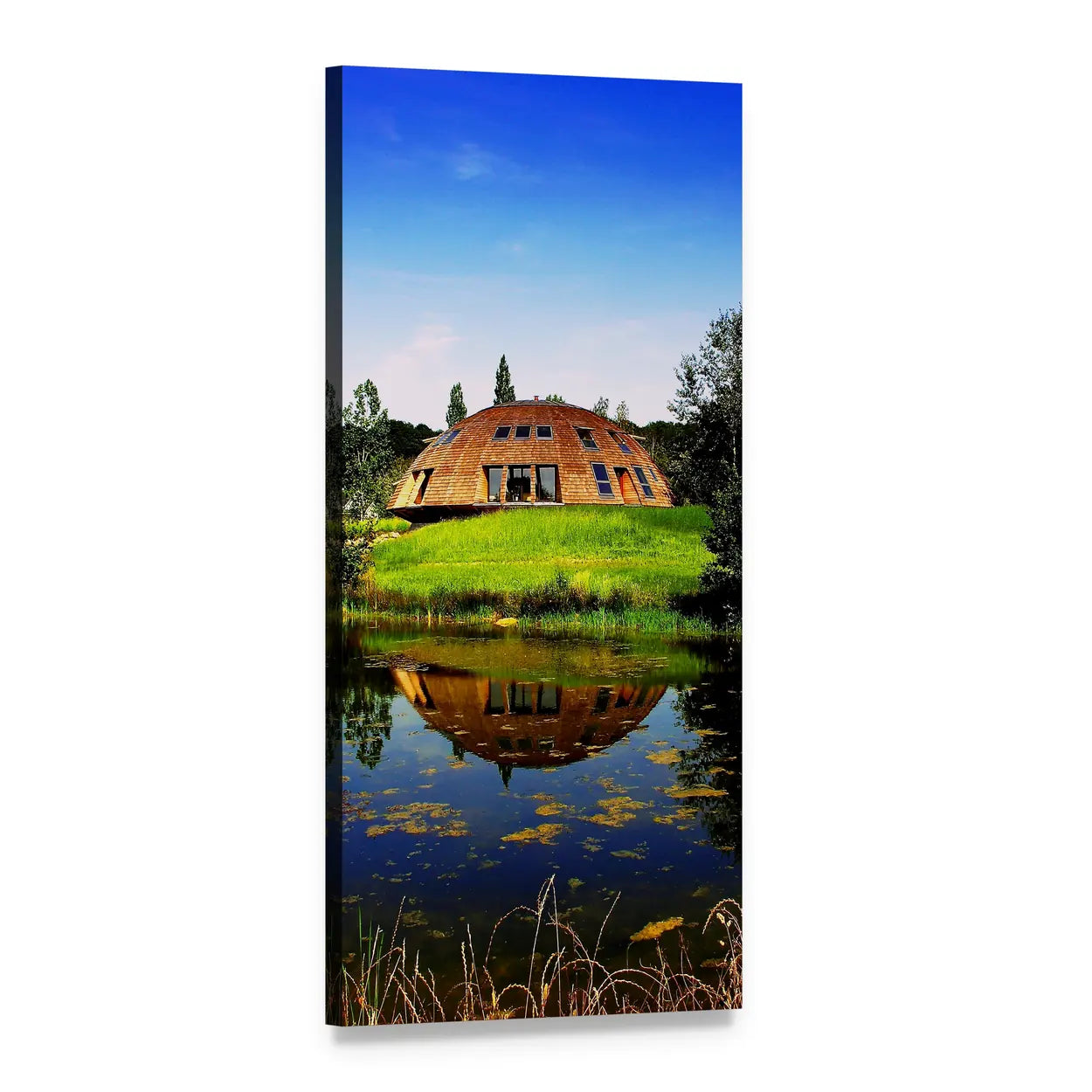 Geodesic Dome Reflected in Pond, Russia Vertical Canvas Wall Art, 1 panel 1 Vertical layout gallery wrapped canvas set, angled product view