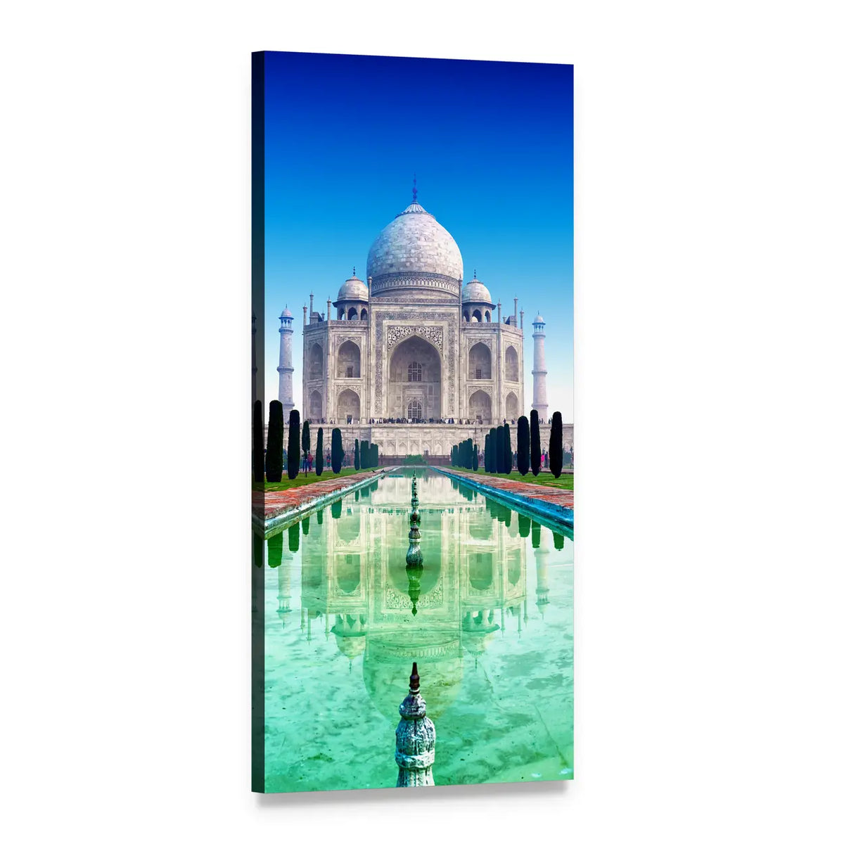 Taj Mahal Reflection in Water Vertical Canvas Wall Art, 1 panel 1 Vertical layout gallery wrapped canvas set, angled product view