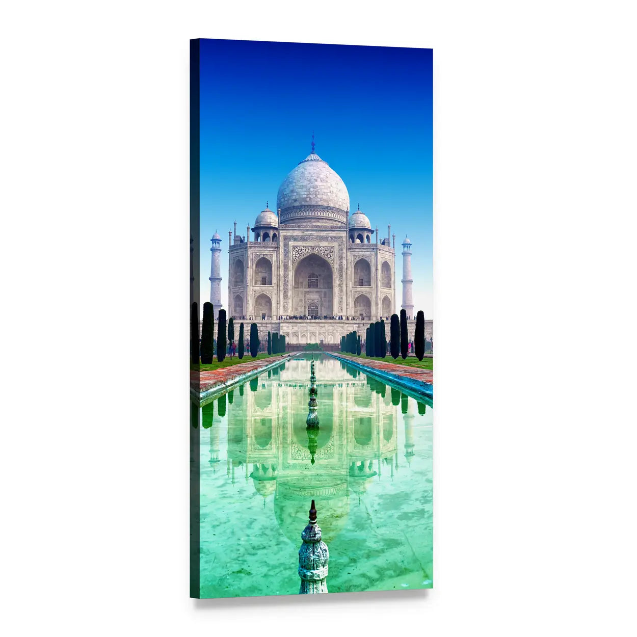 Taj Mahal Reflection in Water Vertical Canvas Wall Art, 1 panel 1 Vertical layout gallery wrapped canvas set, angled product view