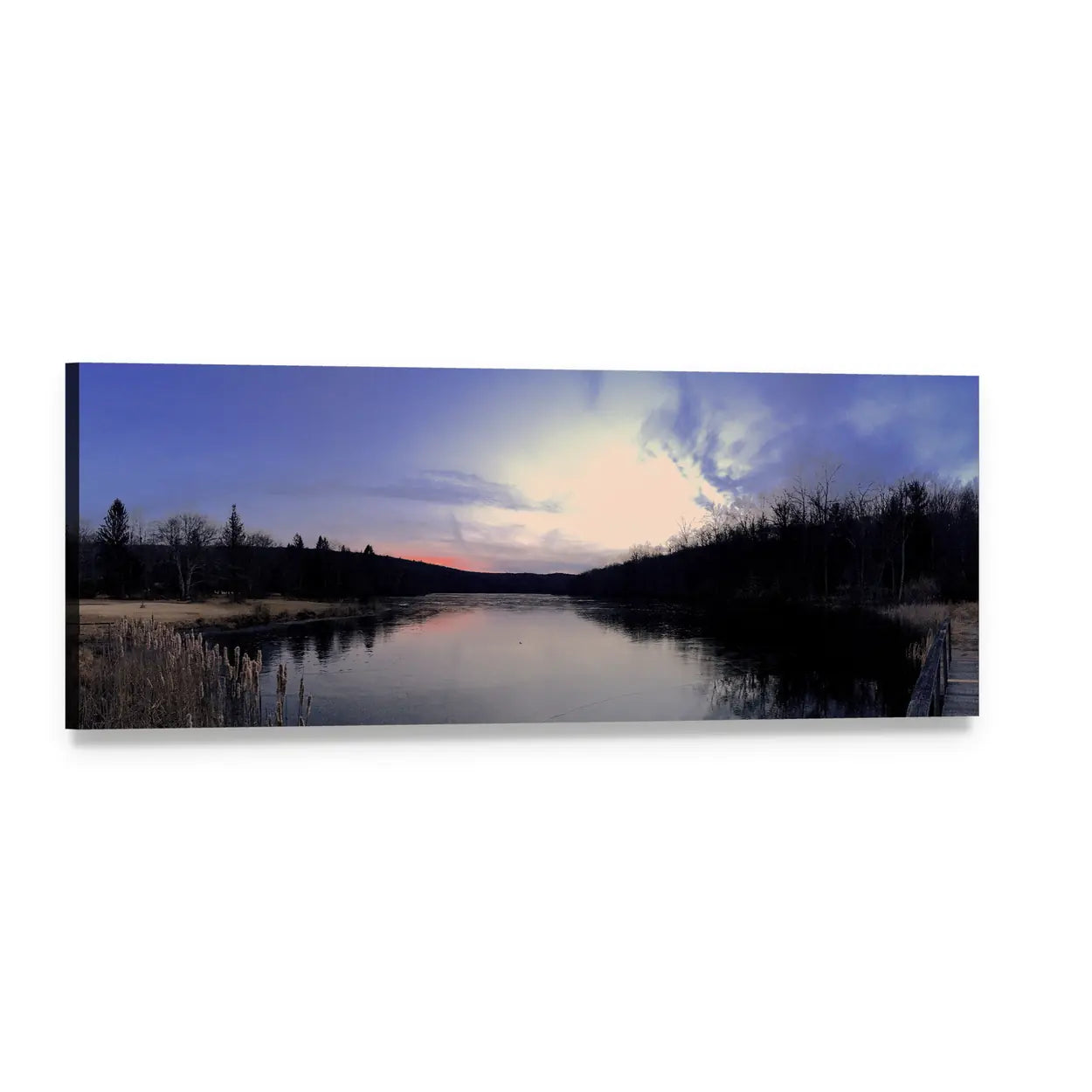 Sunset Lake with Silhouetted Trees Panoramic Canvas Wall Art, single panel gallery wrapped canvas, angled product view