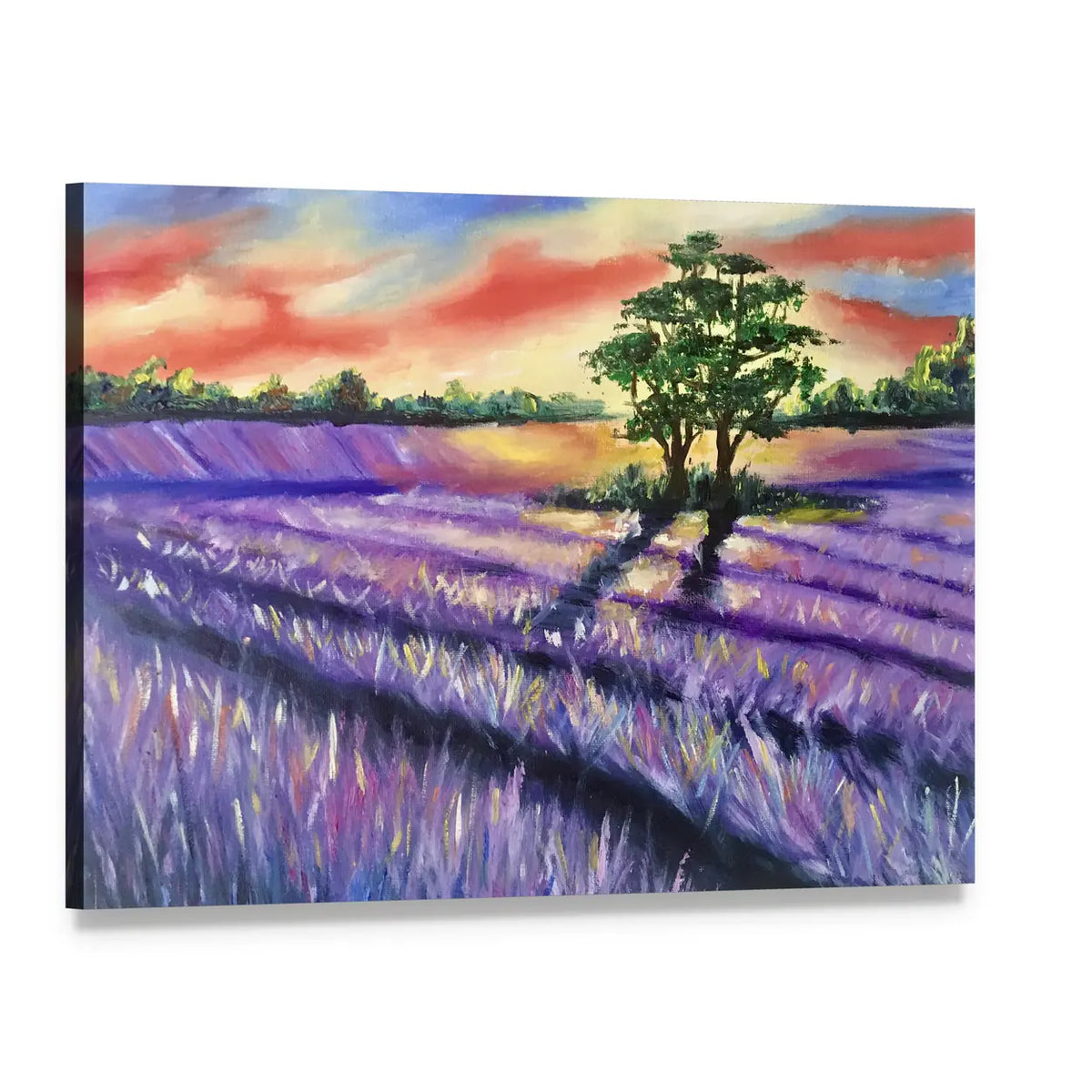 Lavender Field at Golden Sunset Canvas Wall Art, single panel gallery wrapped canvas, angled product view