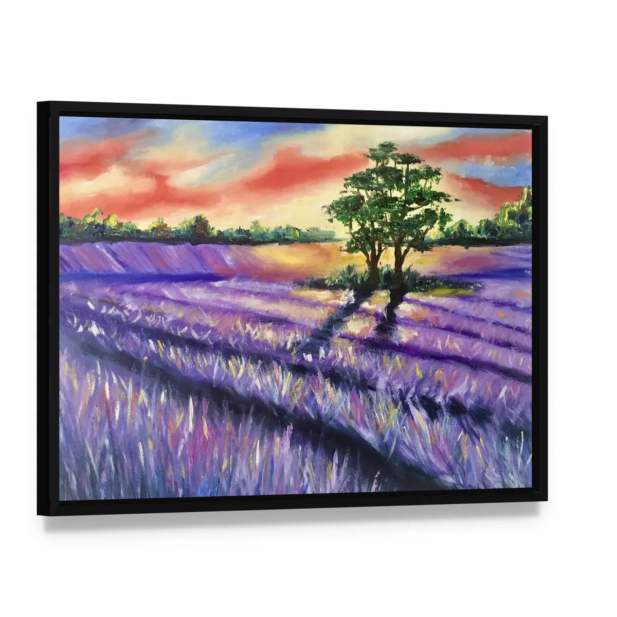 Lavender Field at Golden Sunset Canvas Wall Art, framed canvas in a black floater frame, angled product view