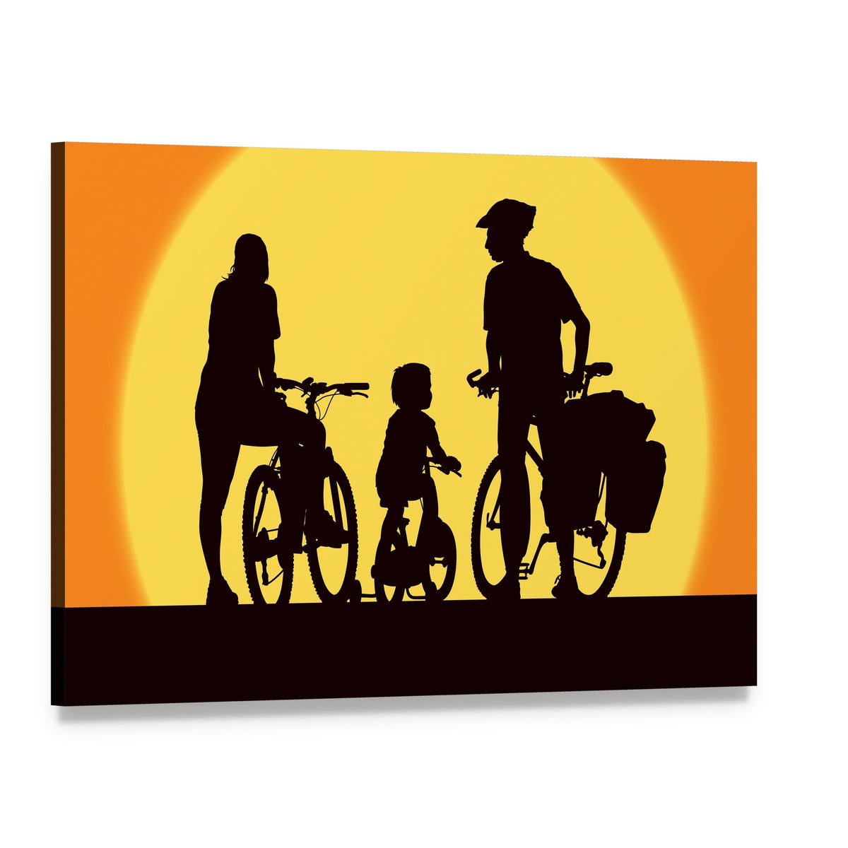 Parents and Child Cycling at Sunset Canvas Wall Art, single panel gallery wrapped canvas, angled product view