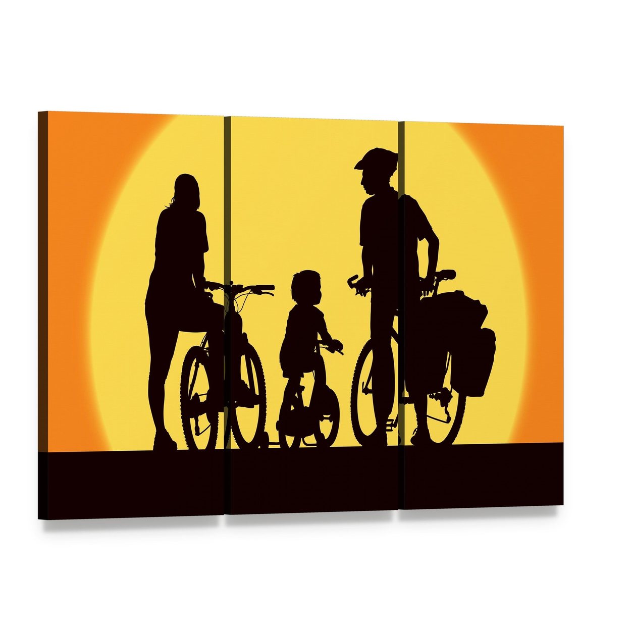 Parents and Child Cycling at Sunset Canvas Wall Art, 3 panel 3 Horizontal layout gallery wrapped canvas set, angled product view
