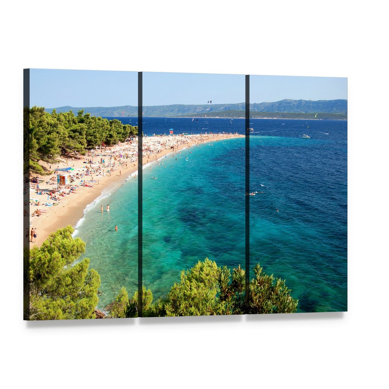 Golden Cape Beach in Croatia Canvas Wall Art, 3 panel 3 Horizontal layout gallery wrapped canvas set, angled product view