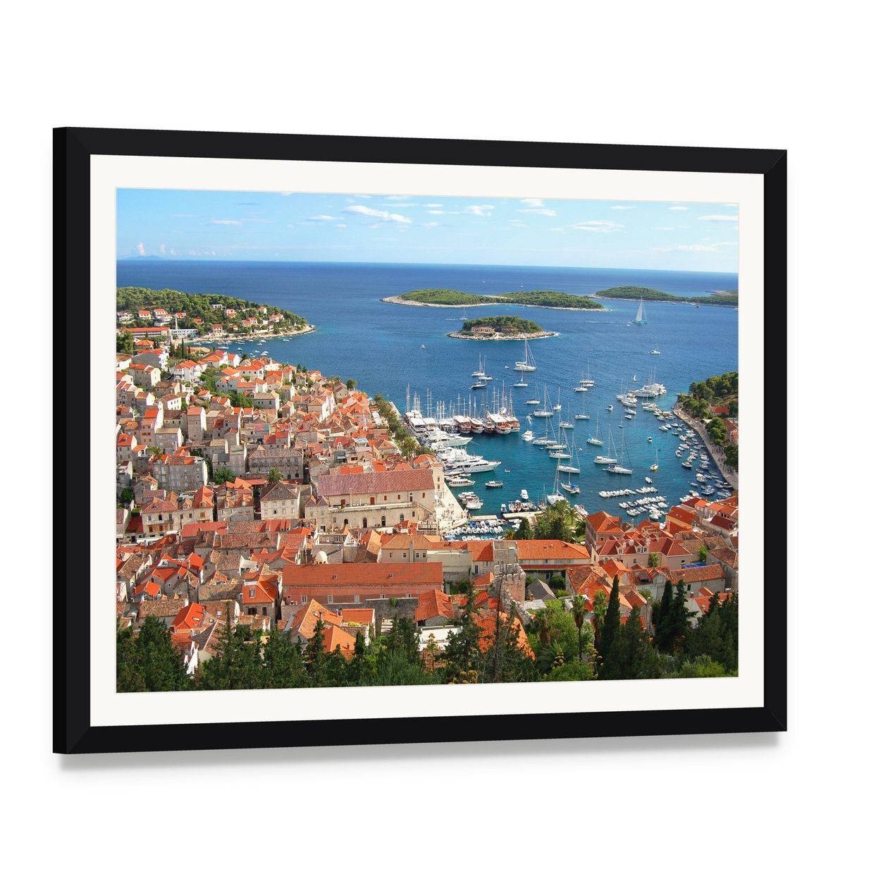 Old Harbor Town with Red Tile Roofs Canvas Wall Art, framed print with white mat and black frame, angled product view