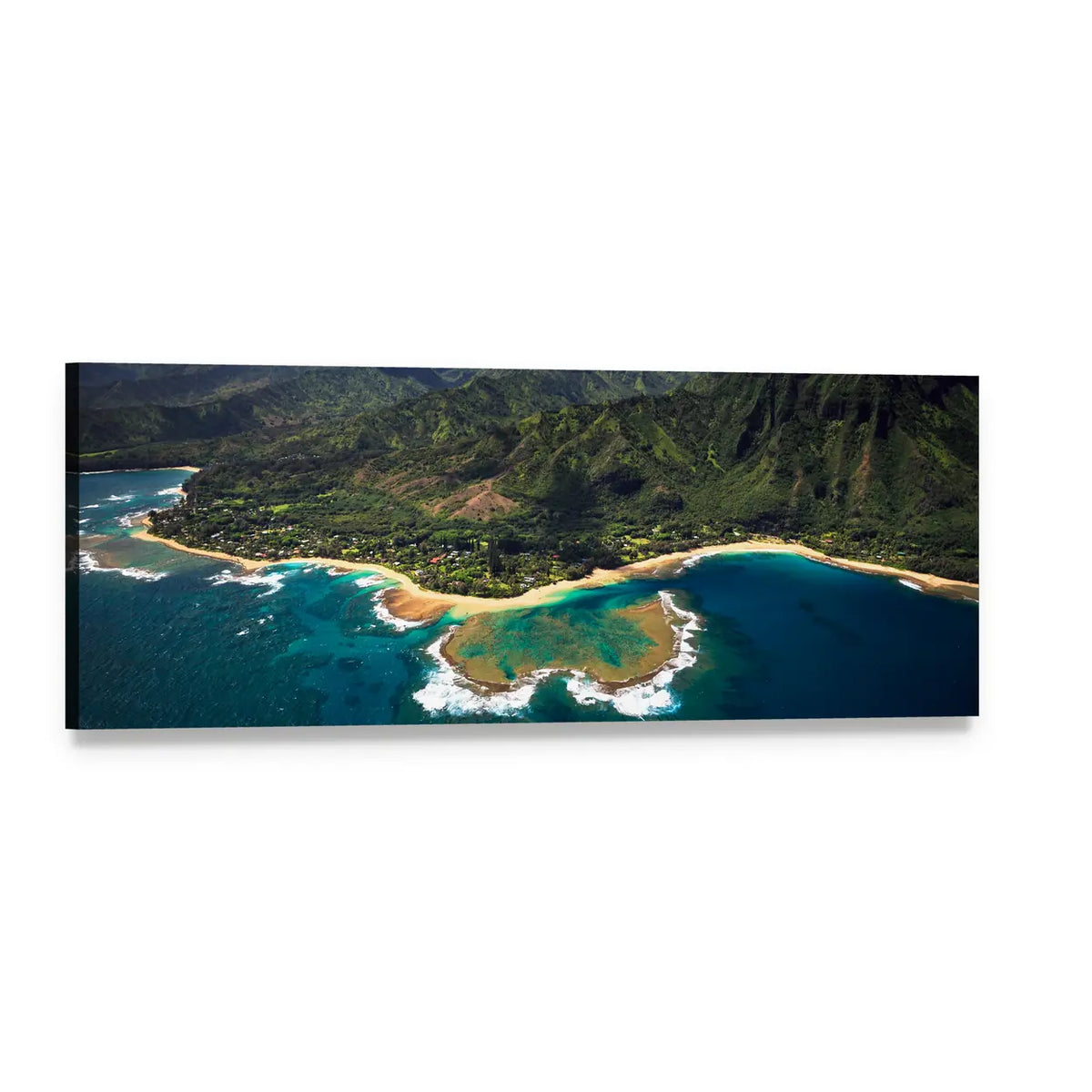 Tunnels Beach Aerial Coastline View Panoramic Canvas Wall Art, single panel gallery wrapped canvas, angled product view