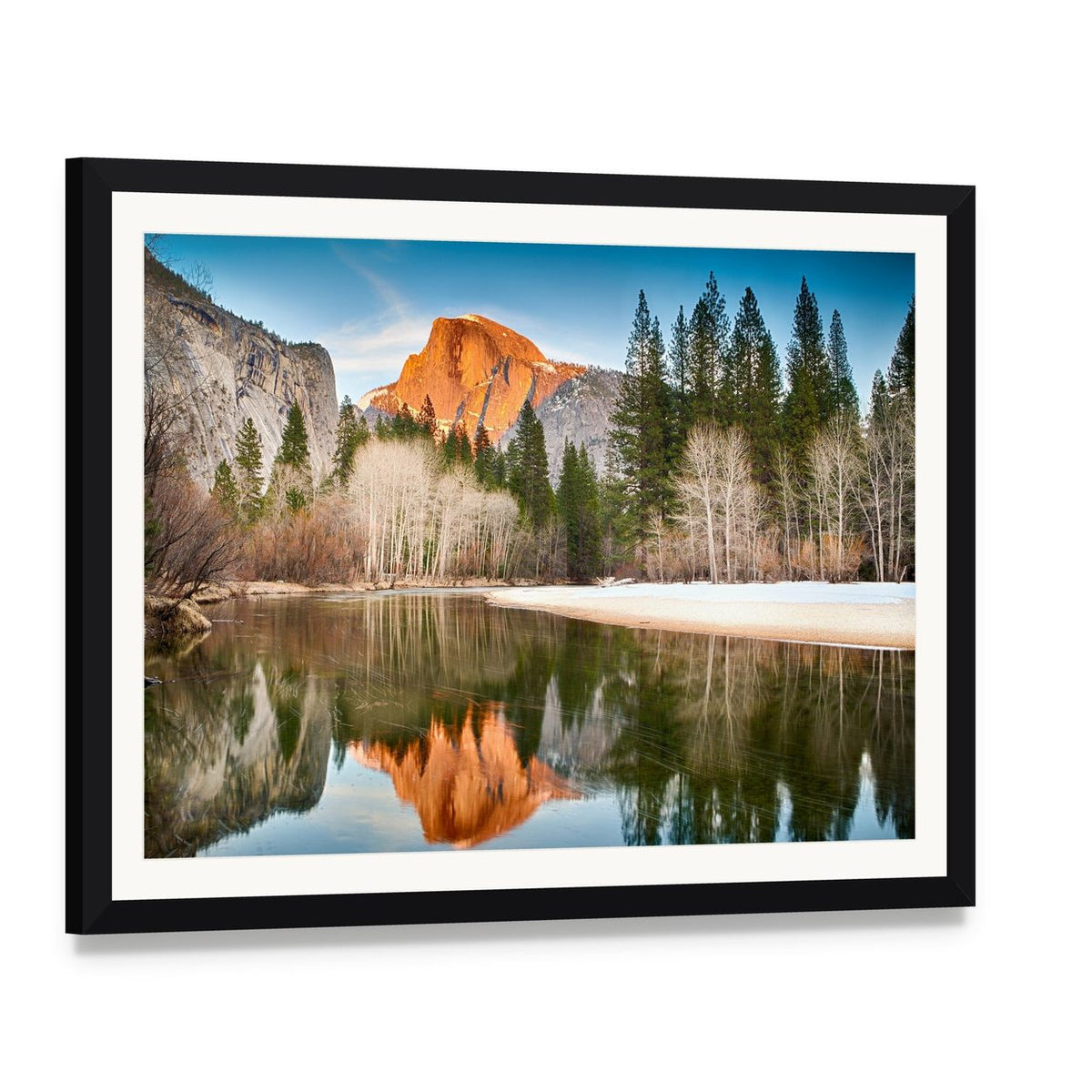 Half Dome Reflected in Merced River Canvas Wall Art, framed print with white mat and black frame, angled product view