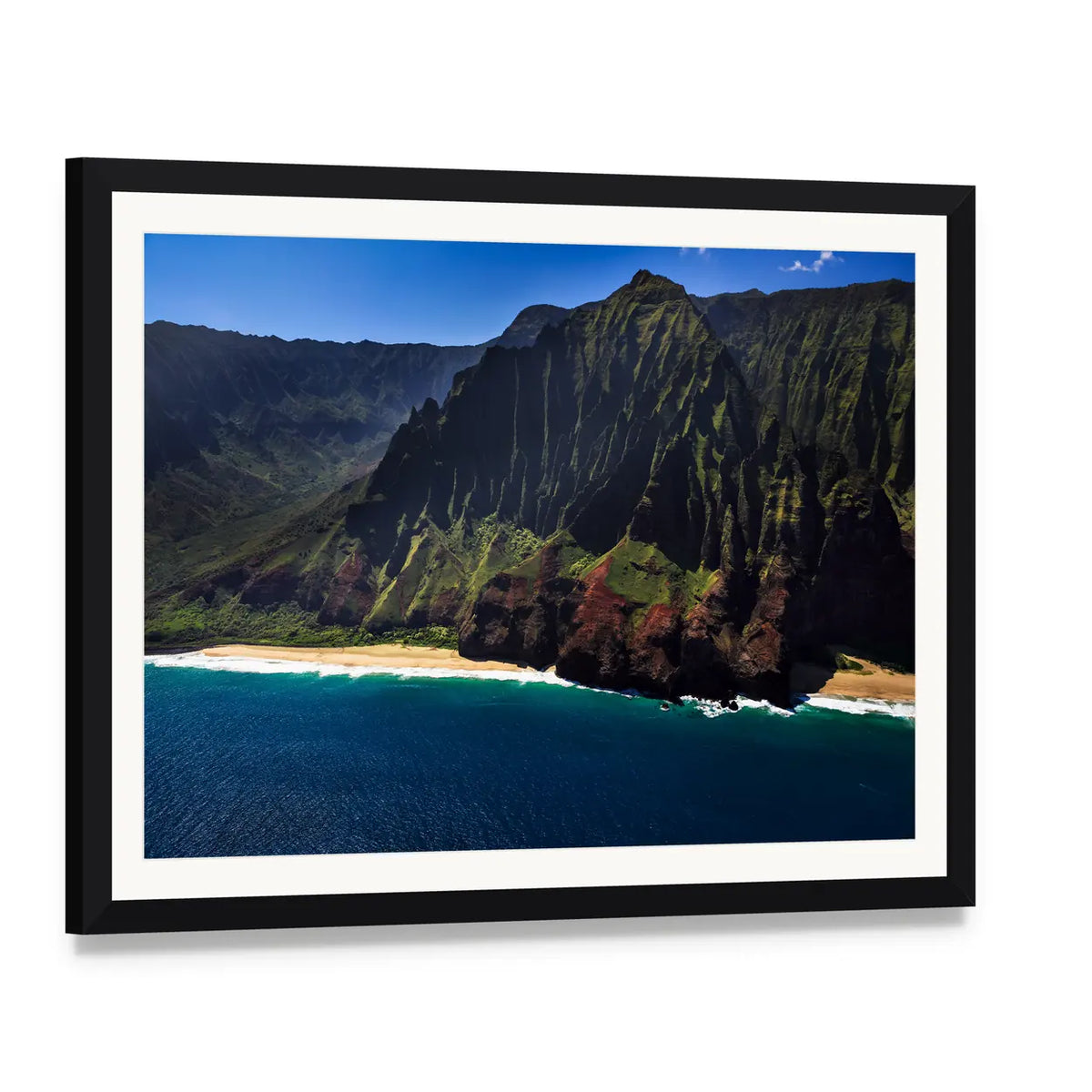 Remote Tropical Coastline Aerial View Canvas Wall Art, framed print with white mat and black frame, angled product view
