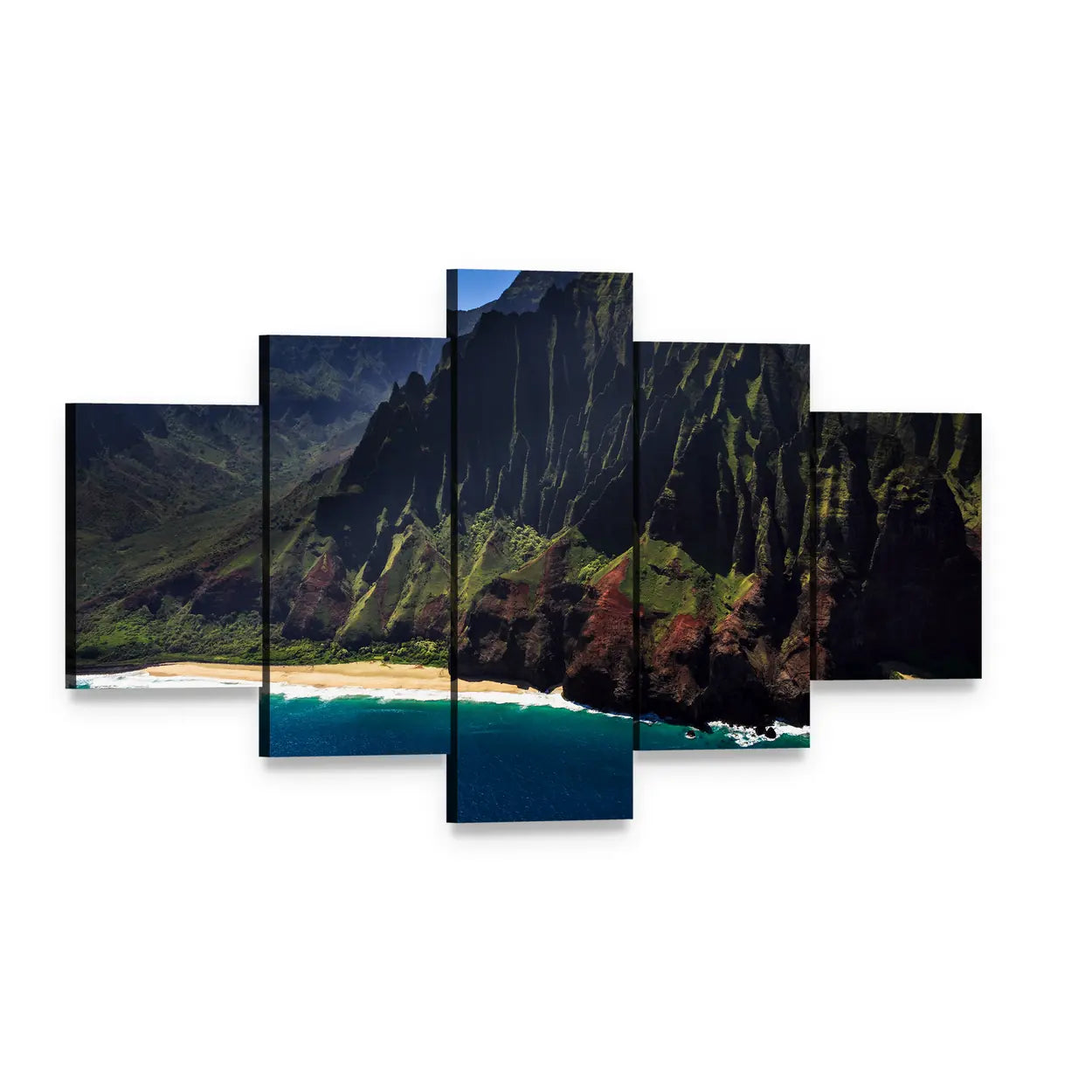 Remote Tropical Coastline Aerial View Canvas Wall Art, 5 panel 5 Star layout gallery wrapped canvas set, angled product view