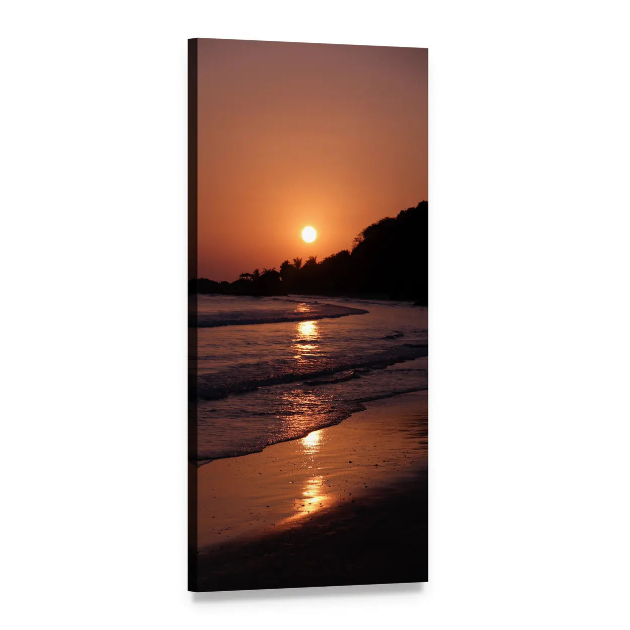 Tropical Beach at Sunset Vertical Canvas Wall Art, 1 panel 1 Vertical layout gallery wrapped canvas set, angled product view