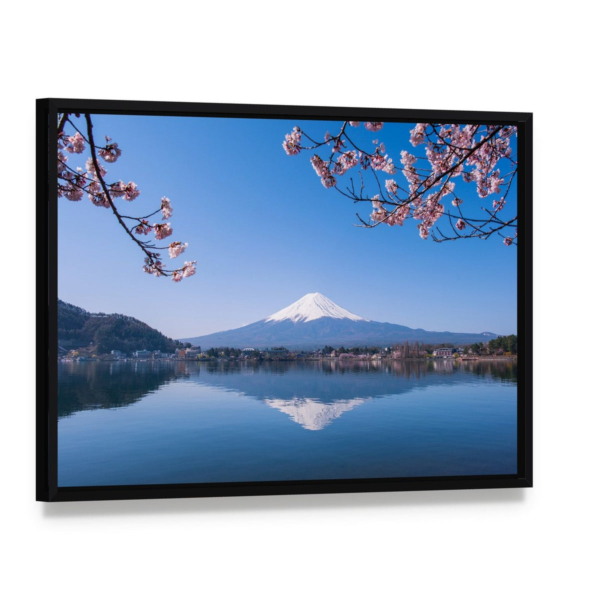 Mount Fuji and Cherry Tree Canvas Wall Art, framed canvas in a black floater frame, angled product view