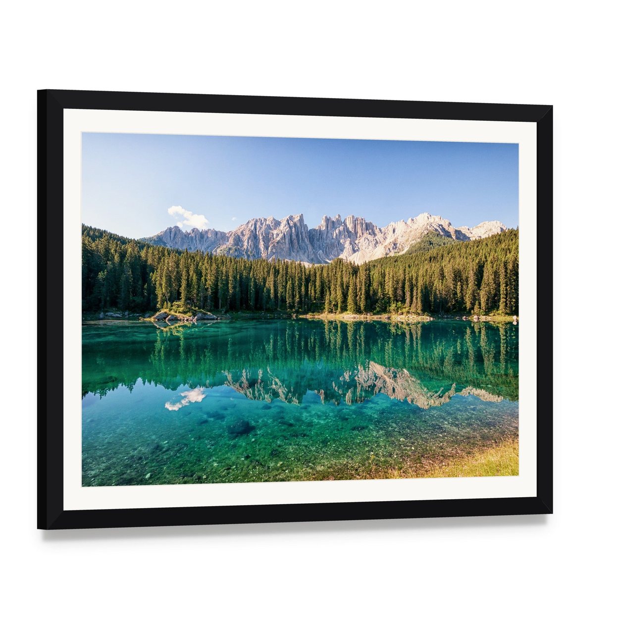 Karer Lake in Italy Canvas Wall Art, framed print with white mat and black frame, angled product view