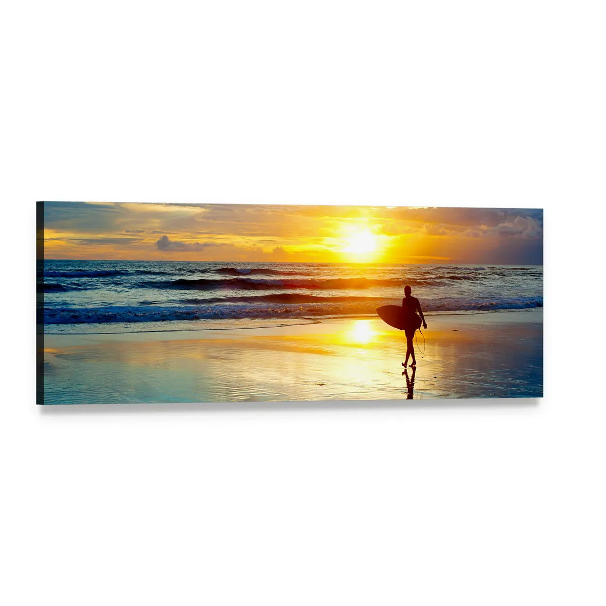 Surfer on Beach at Sunset Panoramic Canvas Wall Art, single panel gallery wrapped canvas, angled product view