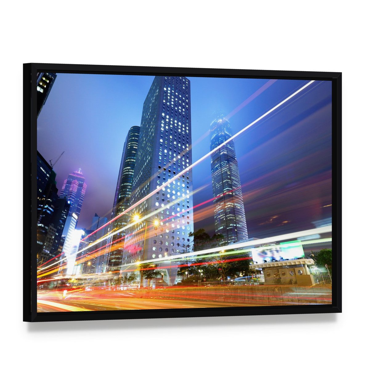 Night with City Skyscrapers Canvas Wall Art, framed canvas in a black floater frame, angled product view