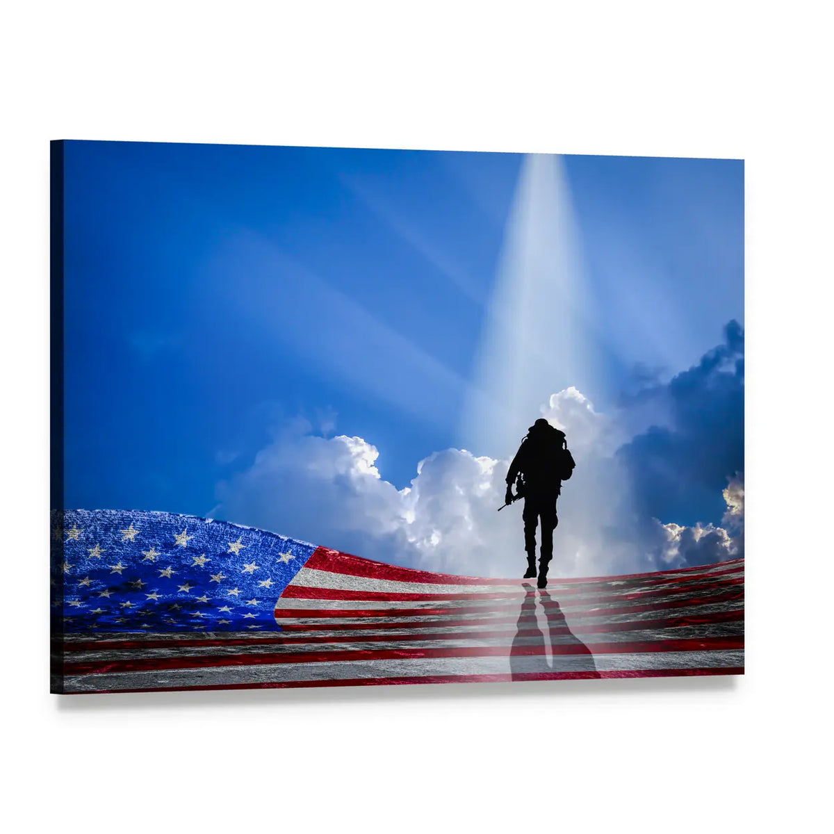 Soldier Silhouette Over American Flag Canvas Wall Art, single panel gallery wrapped canvas, angled product view