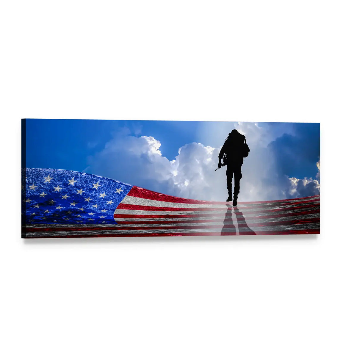 Soldier Silhouette on American Flag Panoramic Canvas Wall Art, single panel gallery wrapped canvas, angled product view