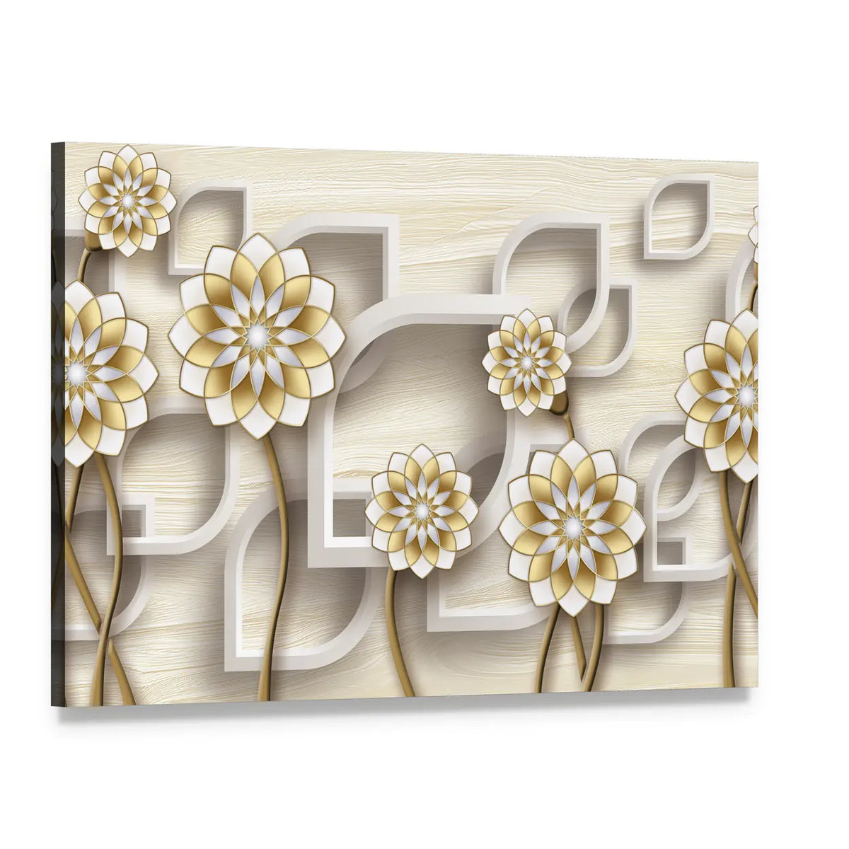 3d Gold and White Floral Illustration Canvas Wall Art, single panel gallery wrapped canvas, angled product view
