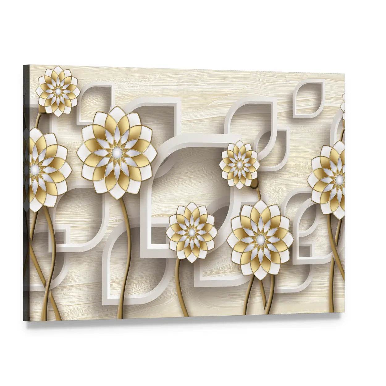 3d Gold and White Floral Illustration Canvas Wall Art, single panel gallery wrapped canvas, angled product view